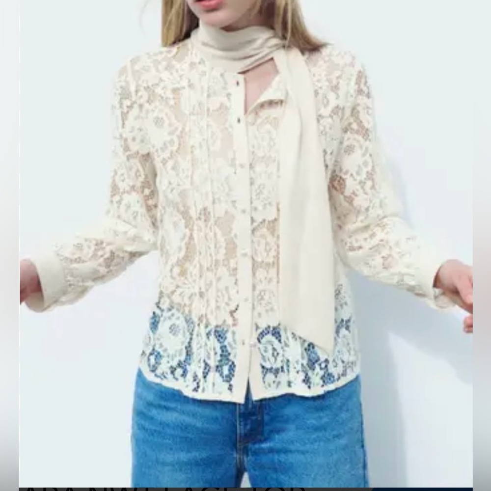 Zara Cream Lace Blouse with Front Tie and Pearl buttons Size M